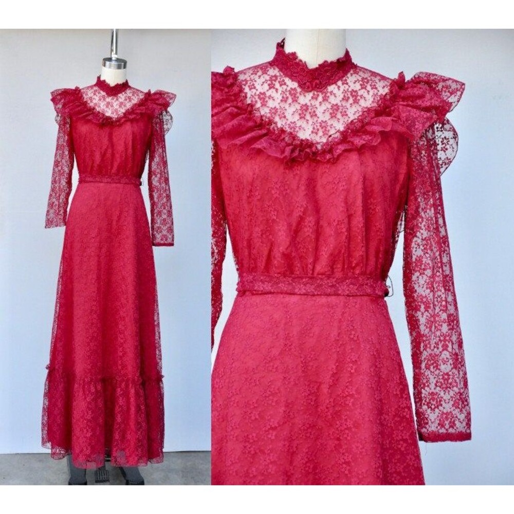Vintage Lace Victorian Ruffled Lace 70s Maxi Dress Gunnel Sax Style XS